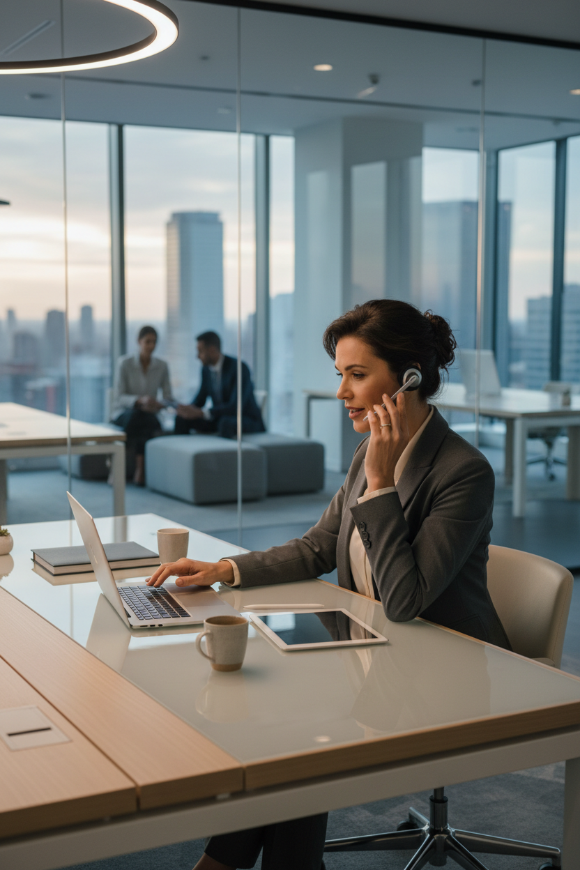 A businesswoman wearing a headset works on a laptop at a glass-topped desk in a modern high-rise office.