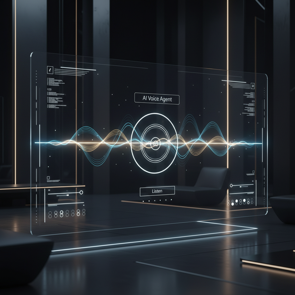 A transparent, futuristic digital screen displays a glowing audio waveform and the text "AI Voice Agent" in a modern dark room.